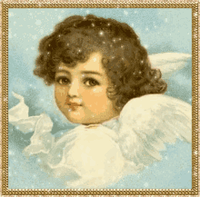 a painting of a little angel with white wings on a blue background