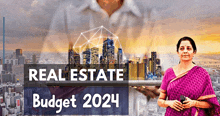 a woman in a purple dress is standing in front of a real estate budget 2024 banner