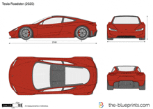 a drawing of a red tesla roadster with measurements in millimeters