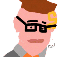 a drawing of a man wearing glasses and a yellow earring with the letter c on it