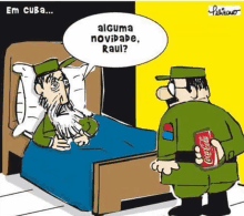 a cartoon of a man in a hospital bed talking to a soldier holding a can of coca cola