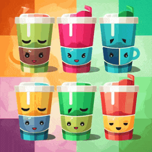 a set of six cups with different colored liquids and smiley faces