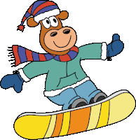 a cartoon cow wearing a hat and scarf is snowboarding