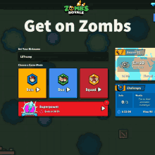 a screenshot of a game called zombies royale that says get on zombies