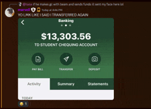 a screenshot of a td student chequing account showing a balance of $ 13,303.58