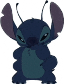 a cartoon character , stitch , is standing on a white background and covering his mouth with his hand .