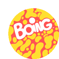 a yellow and red circle with the word boing in white letters