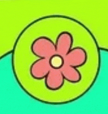 a pink flower with a yellow center is in a green circle .