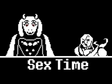 a black and white pixel art of a woman and a man standing next to each other with the words `` sex time '' below them .