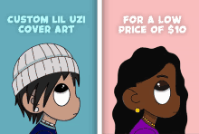 a man and a woman are on a blue and pink background with the words custom lil uzi cover art for a low price of $ 10