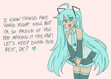 a drawing of hatsune miku with a message written on it .