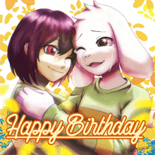 a drawing of a girl and a goat with the words happy birthday on the bottom