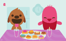 a dog and a bird are sitting at a table with a plate of desserts