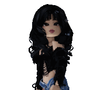 a doll with black hair is wearing black gloves and blue shorts