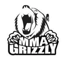 a black and white logo of a bear with its mouth open and the words `` mma grizzly '' .