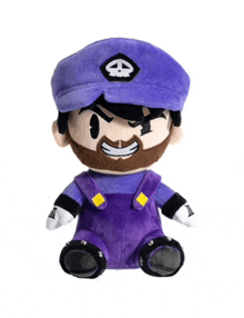 a stuffed toy of a man with a beard wearing a purple hat and overalls