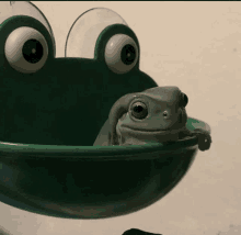 a frog is sitting in a green bowl with a frog face on it