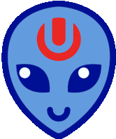 a blue alien head with a red u on top of it