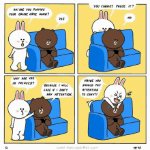 a cartoon of a brown bear and a white rabbit sitting on a blue couch