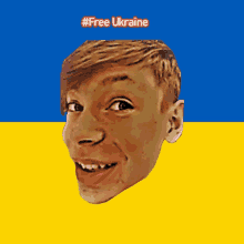 a boy 's face is against a blue and yellow background with the words #free ukraine