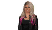 a woman with blonde hair and pink highlights is wearing a black leather jacket and making a funny face .