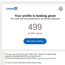 a linkedin email that says your profile is looking great your work and accomplishments are being recognized