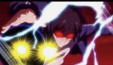 a person with red eyes is holding a lightning bolt .