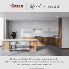 an advertisement for star laminates shows a kitchen with white cabinets