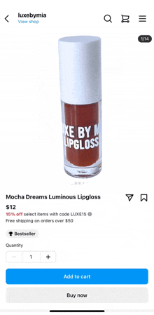 a screenshot of a luxebymia app showing a mocha dreams luminous lipgloss