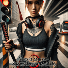 a woman wearing headphones and holding a samurai sword