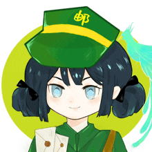 a drawing of a girl wearing a green hat with the letter dps on it