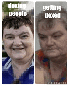 a picture of a woman with the words doxing people and getting doxed next to it