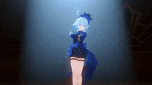 a girl in a blue dress and top hat is dancing on a stage in a dark room .