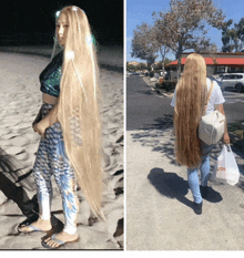 a woman with very long blonde hair is wearing a mermaid outfit