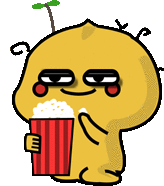 a cartoon character is holding a red and white striped container of popcorn .