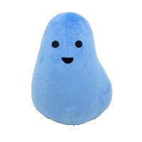 a blue pear shaped stuffed animal with black eyes and a smile on its face