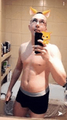 a shirtless man is taking a selfie in the bathroom with a cat mask on his head .