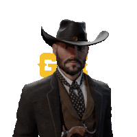 a man with a beard wearing a cowboy hat and tie holds a gun