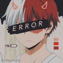 a boy with devil horns is wearing a mask that says error on his face .