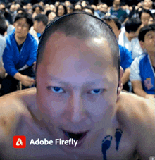 a man with a tattoo on his chest looks at the camera with adobe firefly on the bottom right