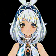 a cartoon girl with white hair and red eyes is wearing a blue headband .