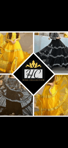 a collage of photos of a woman wearing a yellow and black gown