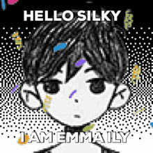 a pixel art drawing of a boy with the words hello silky i amemmailly