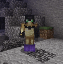 a minecraft character is wearing purple boots and a black mask .