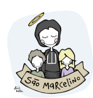 a cartoon drawing of a man and two children with sao marcelino written on the bottom