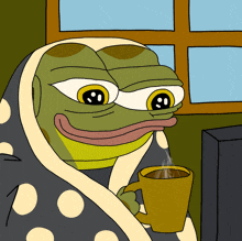 a cartoon of a frog wrapped in a blanket drinking a cup of coffee