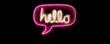 a neon sign that says hello in a speech bubble .