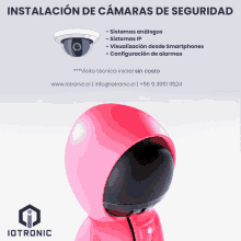 an ad for iotronic shows a pink robot with a camera on top