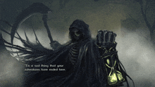 a grim reaper with a scythe and a lantern says it is a sad thing that your adventures have ended there