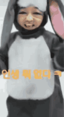 a person dressed in a bunny costume with korean writing on the bottom .